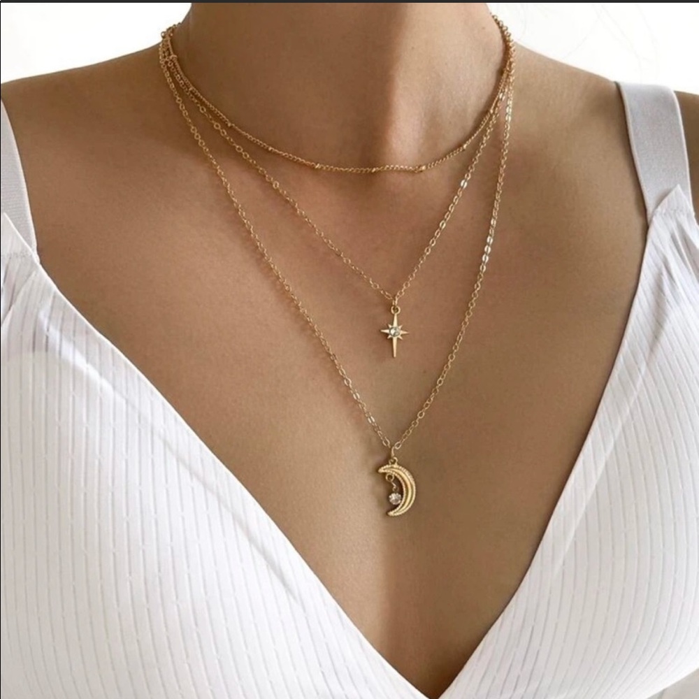 3 piece gold chain star & moon necklace